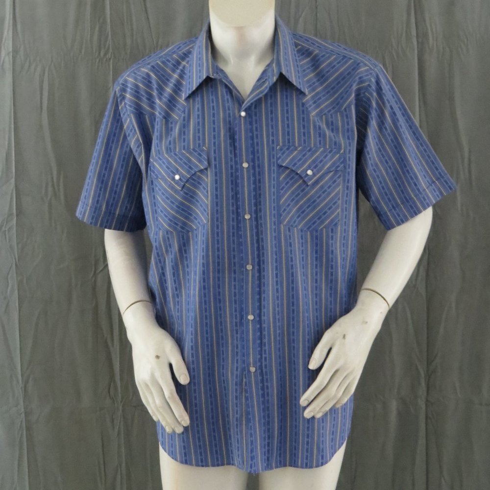 Vintage Western Short Sleeve Shirt - Blue and Yellow Stripes by Ely - Men's XL
